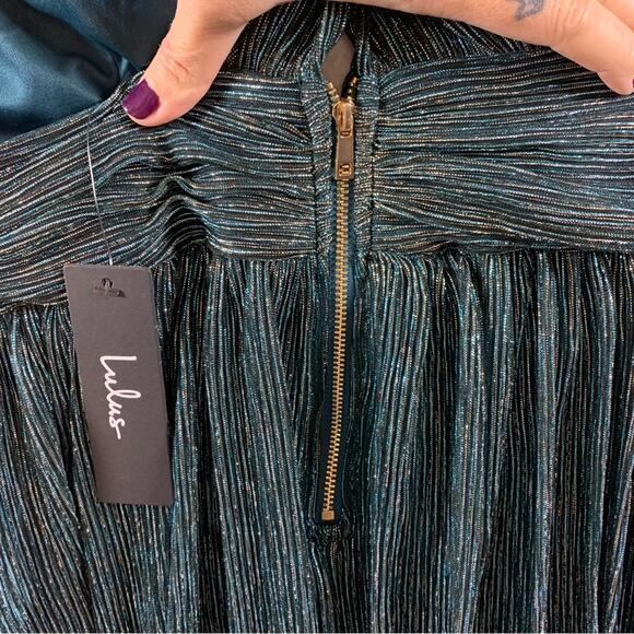 Lulus Halter Shimmer Mini Dress Sz M Teal Metallic Party Flare Deep V Skater - Picture 5 of 9